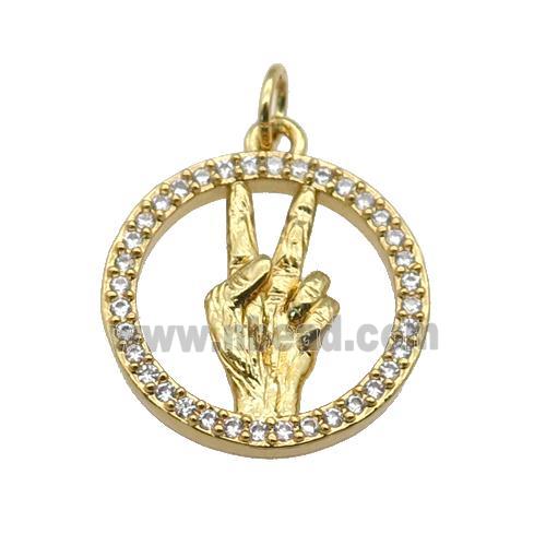 copper circle pendant paved zircon, hand gesture, gold plated