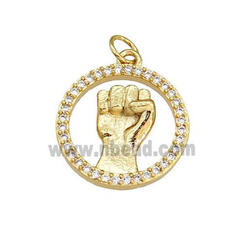 copper circle pendant paved zircon, hand gesture, gold plated