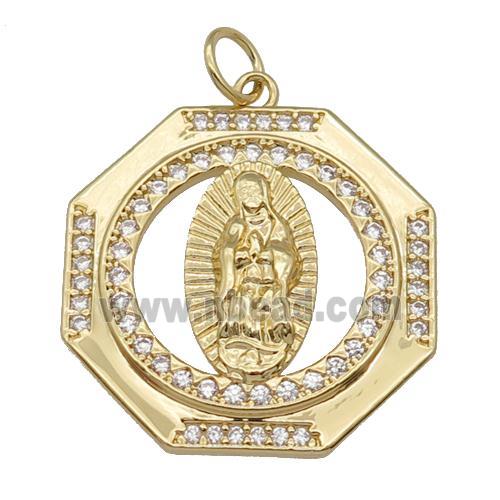 copper hexagon pendant paved zircon, Virgin Mary, gold plated