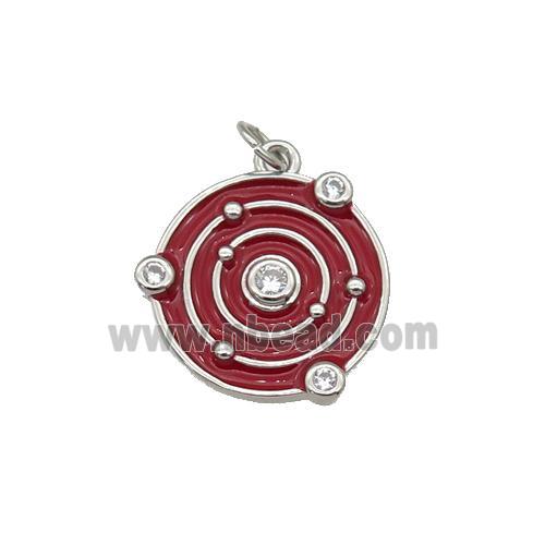 Copper Planet Pendant Pave Zirconia Red Enamel Platinum Plated