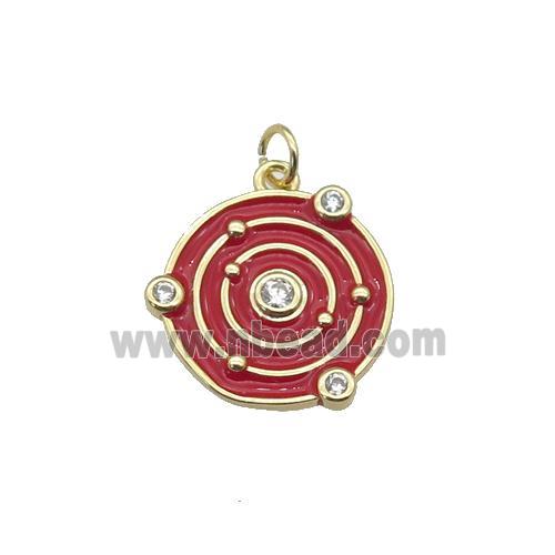 Copper Planet Pendant Pave Zirconia Red Enamel Gold Plated