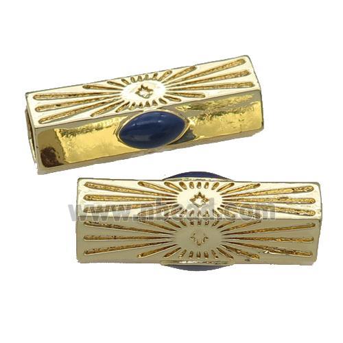 copper hexagon tube beads, blue enamel, gold plated