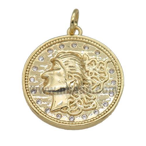 copper coin pendant paved zircon, gold plated