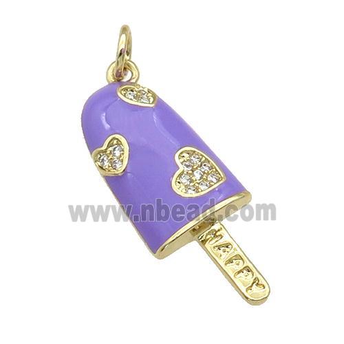 copper Icecream charm pendant paved zircon, lavender enamel, gold plated