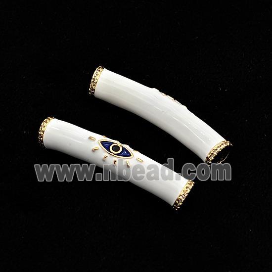 copper curved tube beads with white enamel, eye, gold plated