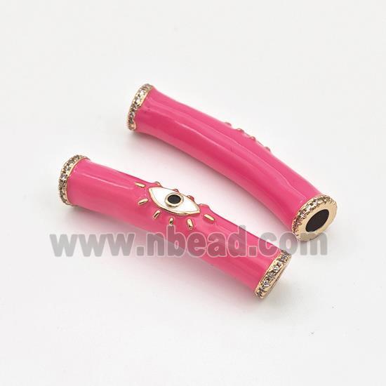 copper curved tube beads with hotpink enamel, eye, gold plated