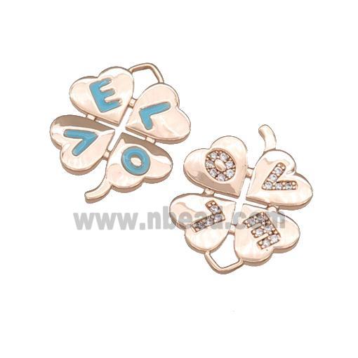 copper Clover pendant paved zircon, enamel, LOVE, rose gold