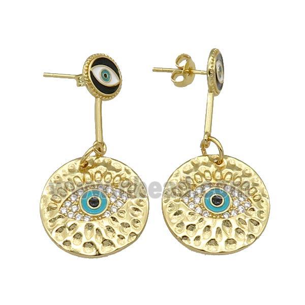 copper Stud Earring paved zircon, enamel Evil Eye, gold plated