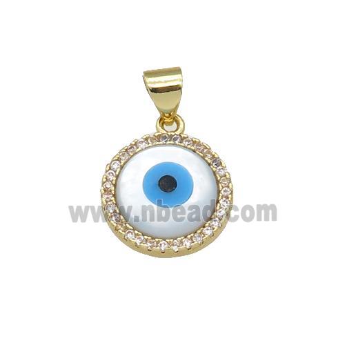 copper circle pendant paved zircon with Pearlized Shell Evil Eye, gold plated