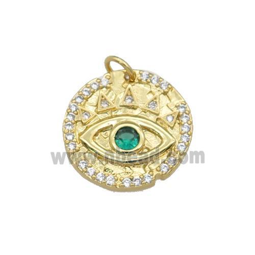 copper circle pendant paved zircon, eye, gold plated