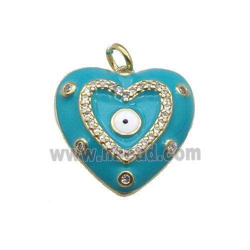 copper Heart pendant with teal enamel, evil eye, gold plated