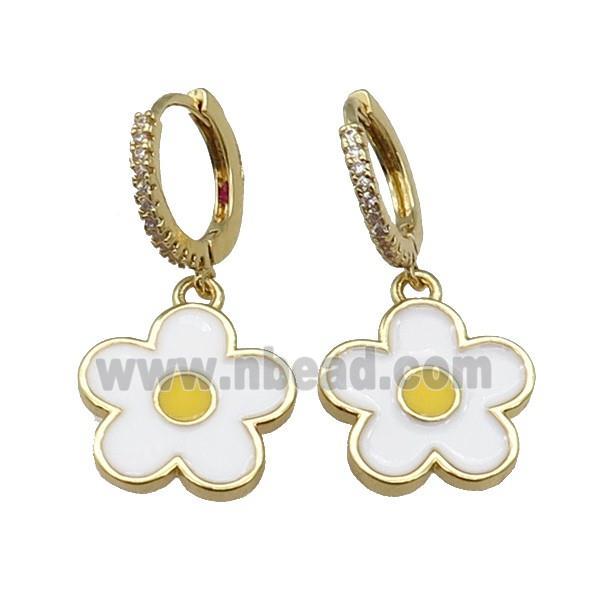 copper Hoop Earring paved zircon, white enamel daisy flower, gold plated