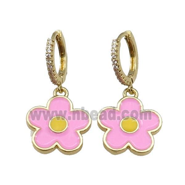 copper Hoop Earring paved zircon, pink enamel daisy flower, gold plated