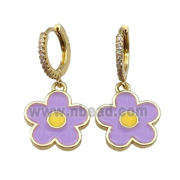 copper Hoop Earring paved zircon, lavender enamel daisy flower, gold plated