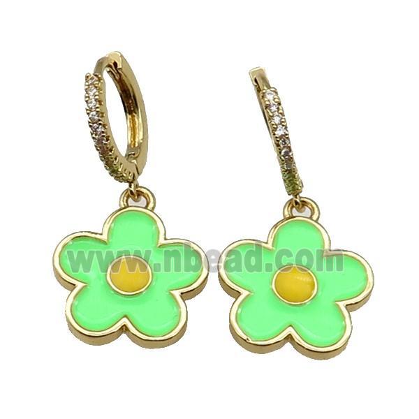 copper Hoop Earring paved zircon, green enamel daisy flower, gold plated