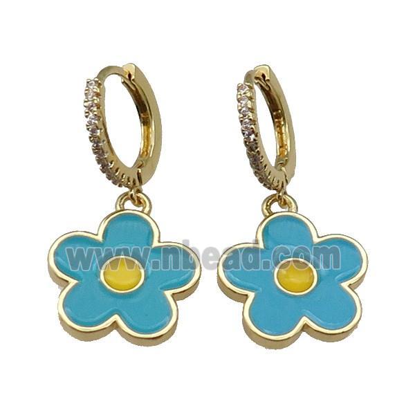 copper Hoop Earring paved zircon, teal enamel daisy flower, gold plated