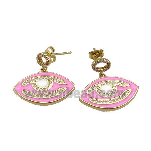 copper Stud Earring with pink enamel Eye, gold plated