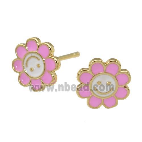 copper emoji Stud Earring with pink enamel, smileface, gold plated