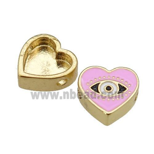 copper Heart beads with pink enamel, Evil Eye, gold plated