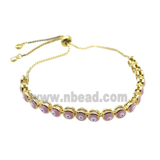 copper Bracelet with pink enamel Evil Eye, adjustable, gold plated