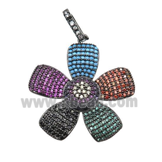 copper Flower pendant pave zircon, multicolor, black plated