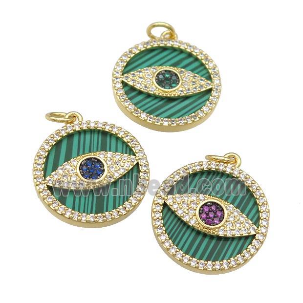 copper circle Eye pendant paved Malachite, zircon, gold plated, mixed