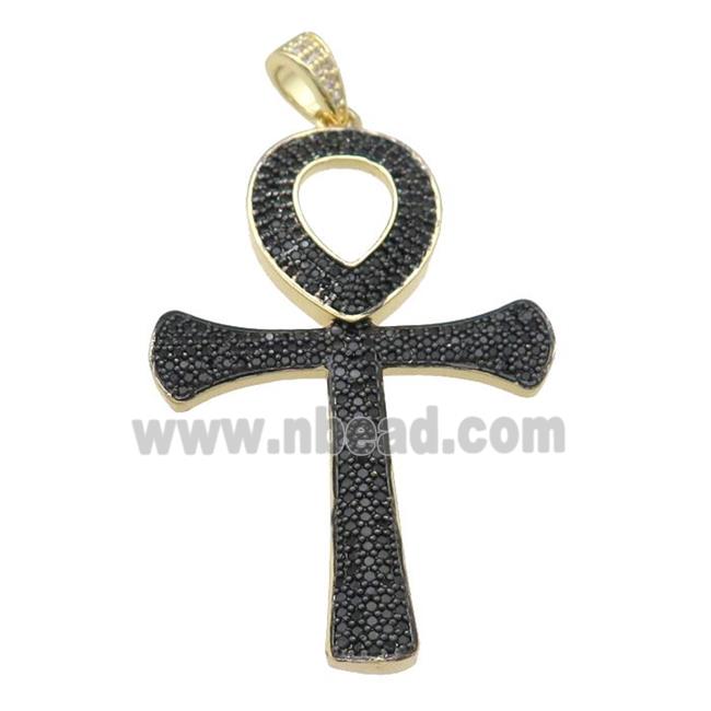 Copper Ankh Cross Pendant Pave Black Zircon Gold Plated