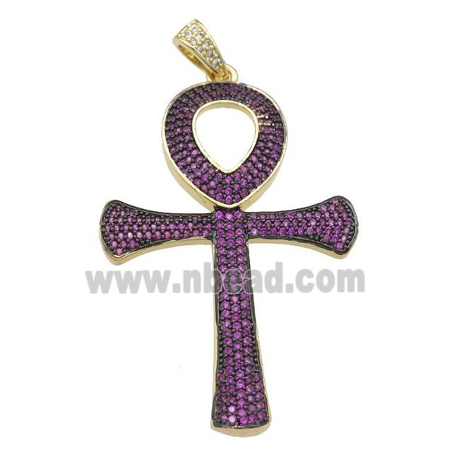 Copper Ankh Cross Pendant Pave Fuchsia Zircon Gold Plated