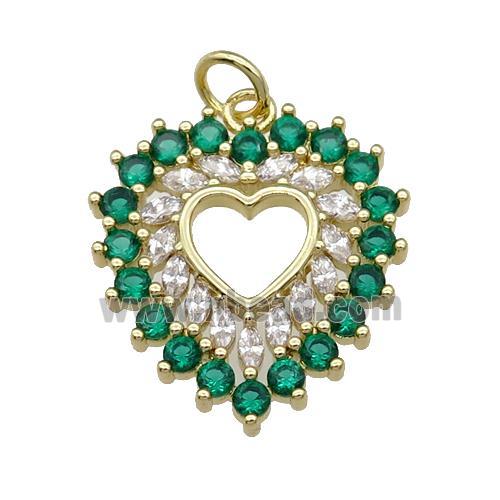 copper heart pendant paved green zircon, gold plated