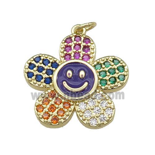 copper sunflower pendant pave zircon with purple enamel happyface, gold plated