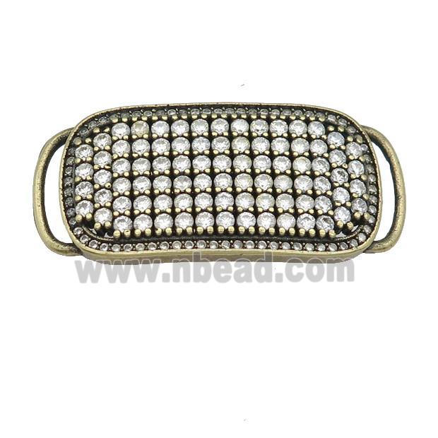 copper rectangle connector pave zircon, antique bronze