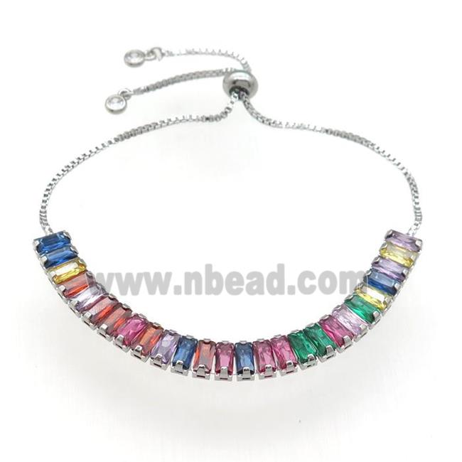 copper Bracelet pave multicolor zircon, adjustable, platinum plated