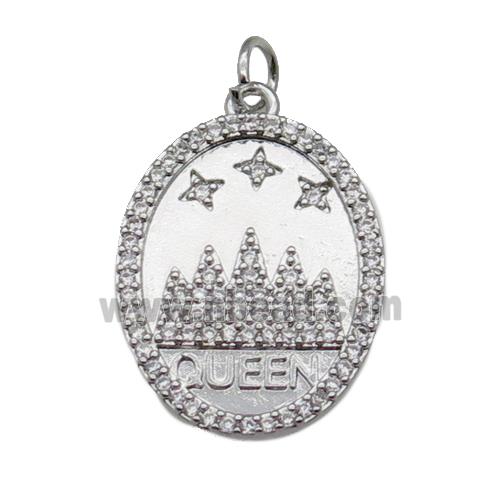 copper oval pendant pave zircon, castle, platinum plated