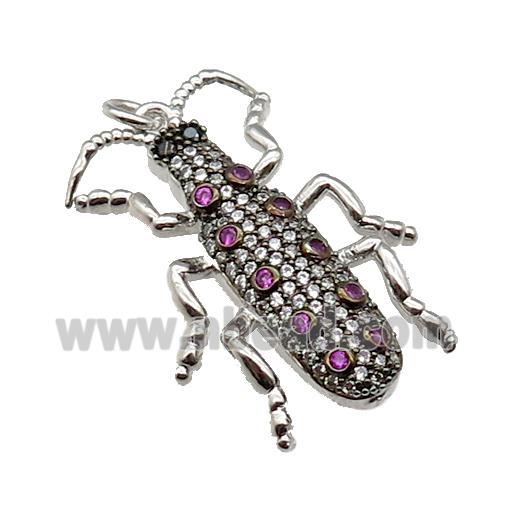 copper Ladybug pendant pave zircon, platinum plated