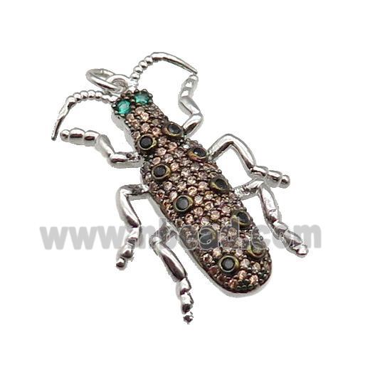 copper Ladybug pendant pave zircon, platinum plated