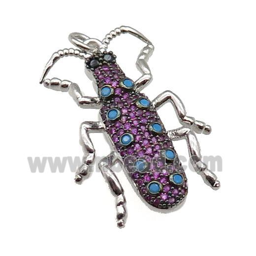 copper Ladybug pendant pave zircon, platinum plated