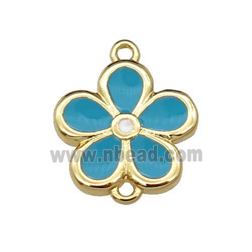 copper flower connector with teal enamel, gold plated