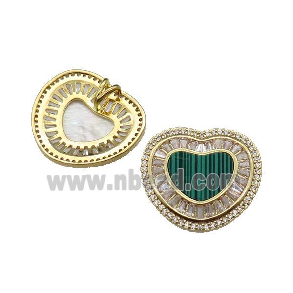 copper heart pendant pave malachite zircon, gold plated