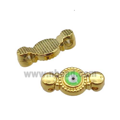 copper Evil Eye connector with green enamel, gold plated