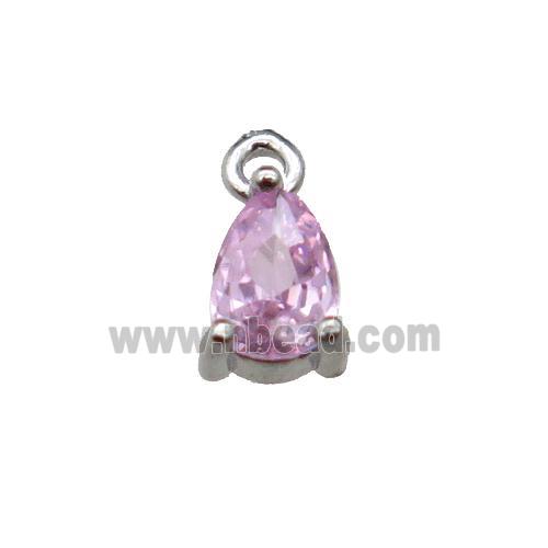 copper teardrop pendant pave pink zircon, platinum plated