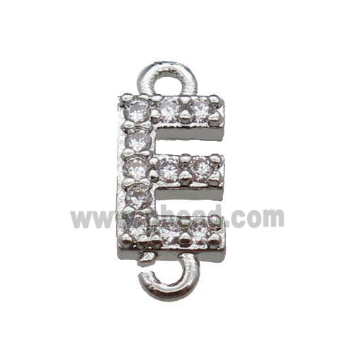 copper letter-E connector pave zircon, platinum plated