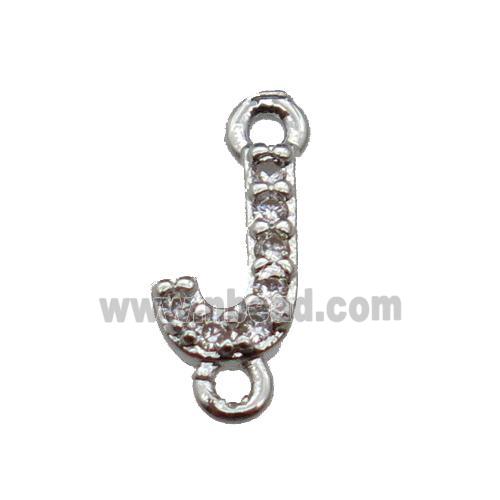 copper letter-J connector pave zircon, platinum plated