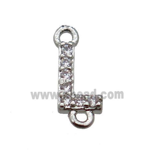 copper letter-L connector pave zircon, platinum plated