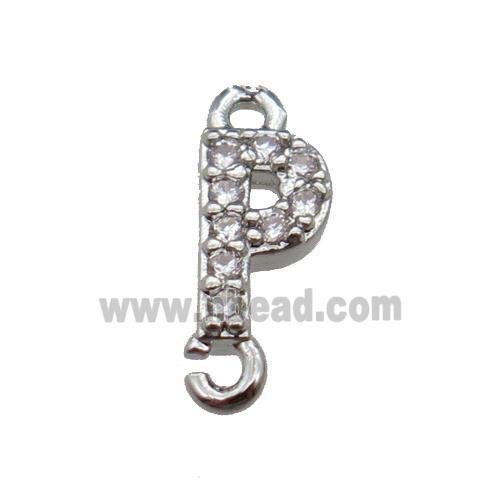 copper letter-P connector pave zircon, platinum plated