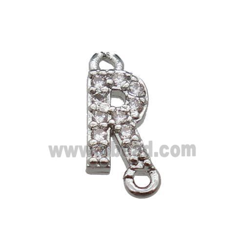 copper letter-R connector pave zircon, platinum plated