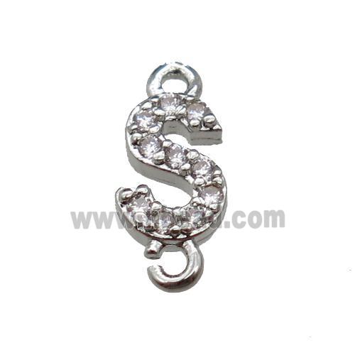 copper letter-S connector pave zircon, platinum plated