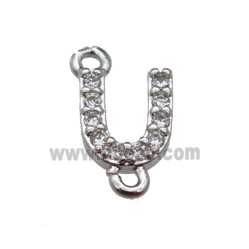 copper letter-U connector pave zircon, platinum plated