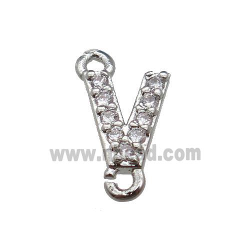 copper letter-V connector pave zircon, platinum plated