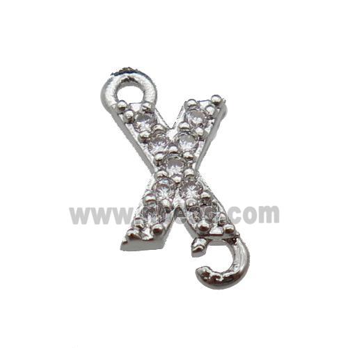 copper letter-X connector pave zircon, platinum plated