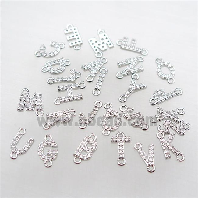 mix copper letter alphabet connector pave zircon, platinum plated